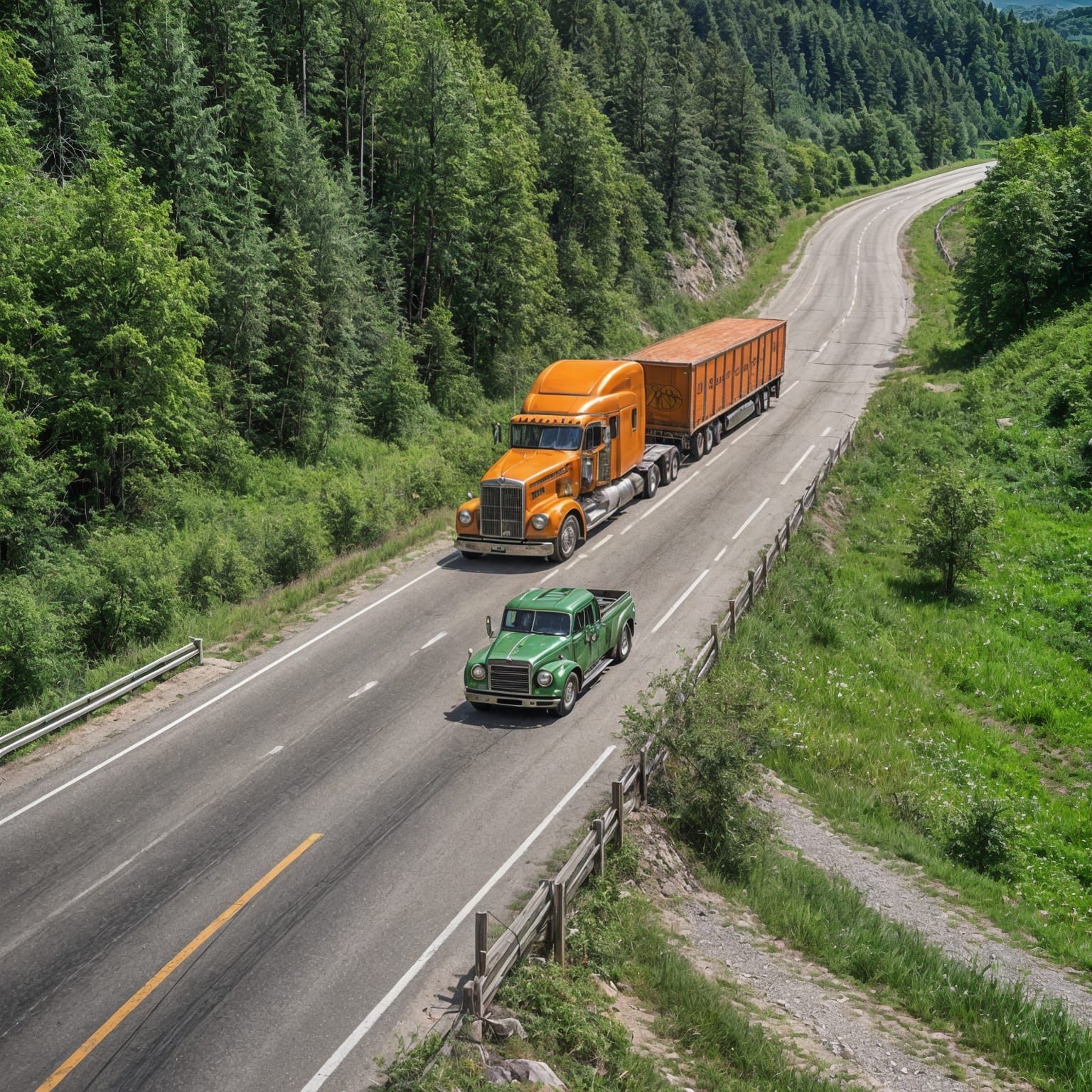 Vintage Orange Truck Overtakes Green Muscle Car