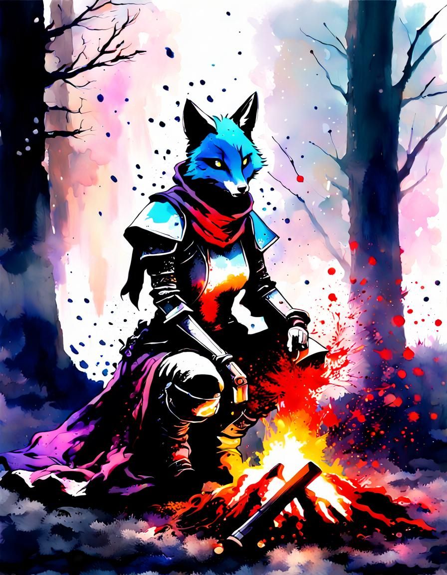 Ink Knight Kneeling by Campfire Under Starlight