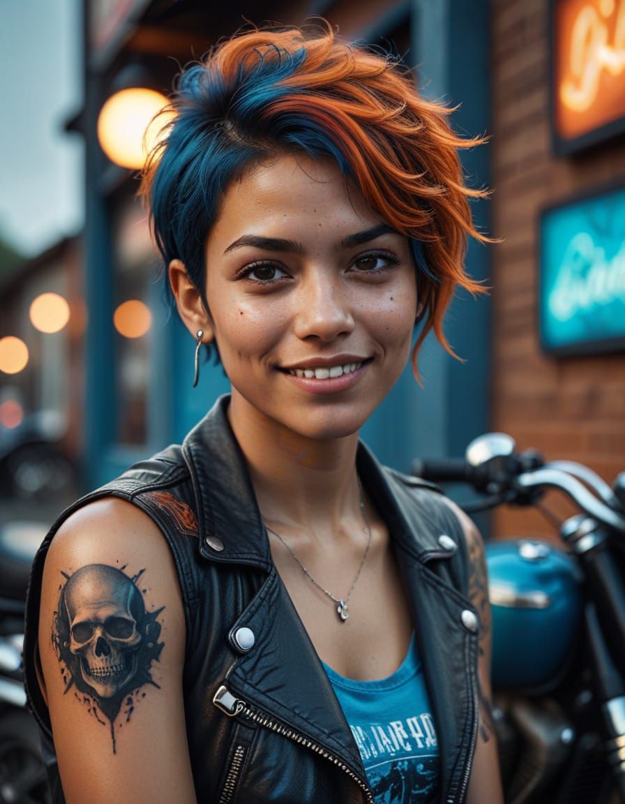Hyper-Realistic Portrait of a Tattooed Biker Chic Woman