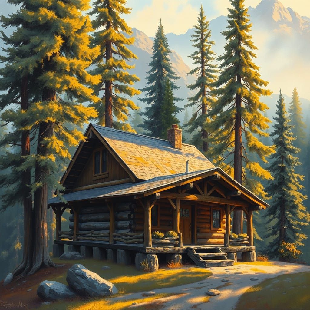 Cozy Wilderness Refuge in Oil Painting Style