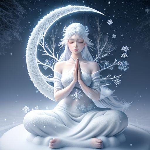 Serene Woman Meditates in Snowy Anime Fantasy