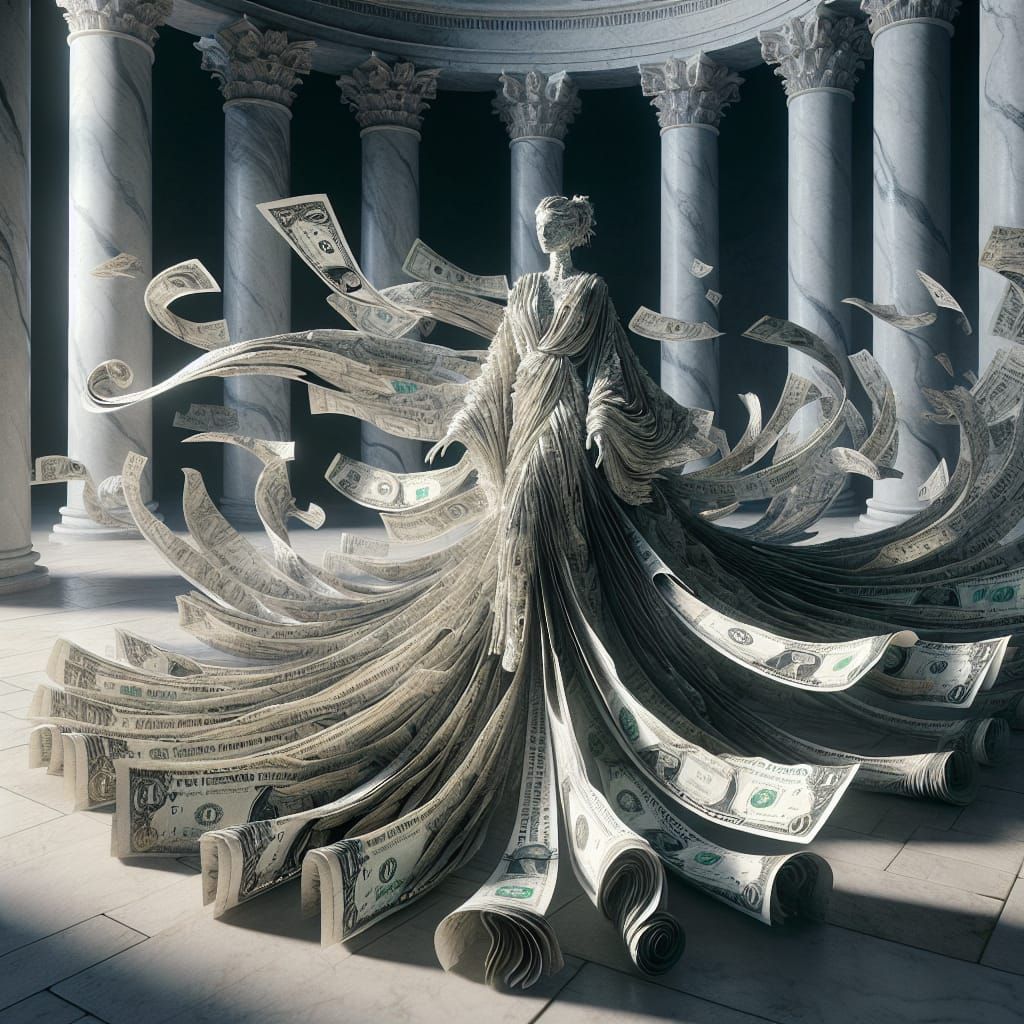 Surreal Paper Sculpture of Woman in Dollar Bill Robes