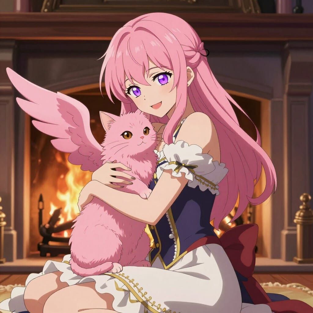 Anime Style Woman Cuddles Fluffy Cat by Fireplace