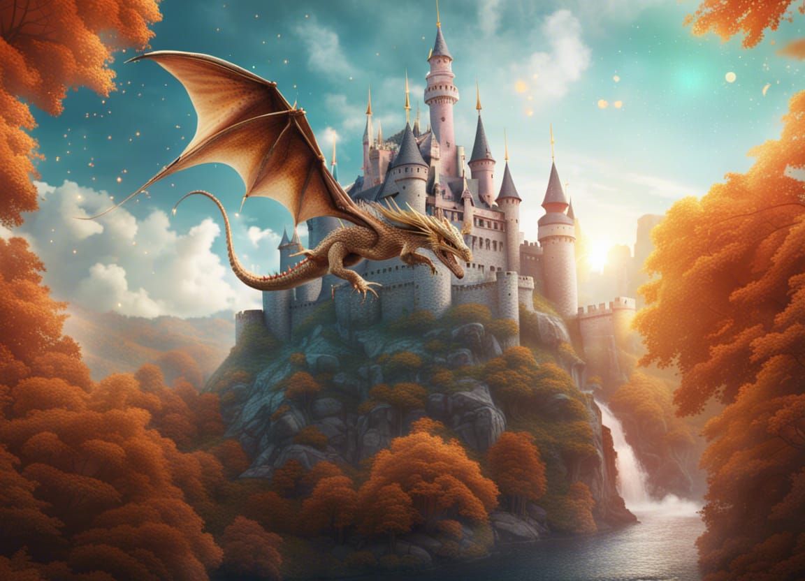 Magical Dragon Flying by Sparkling Castle