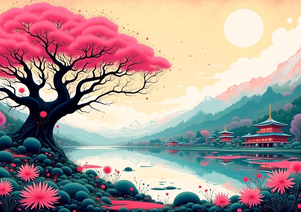 Sakura Tree with Japanese Temples in Vintage Punk Style