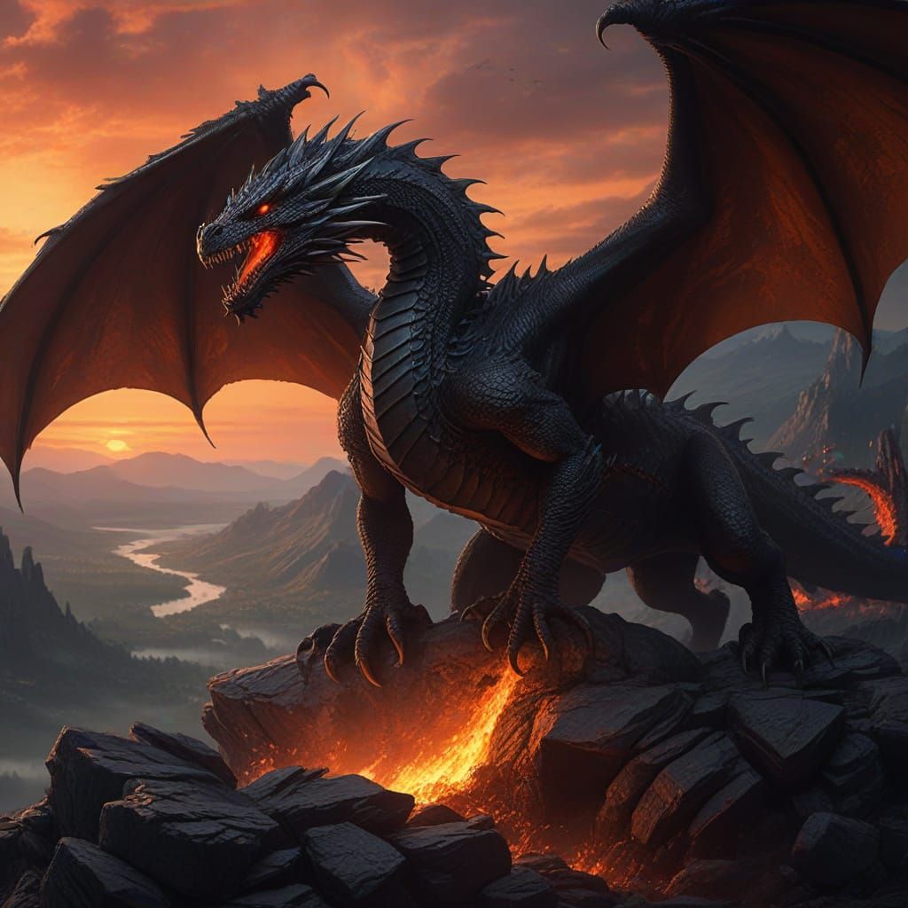 Black Dragon Over Burning Village: Dark Fantasy Art