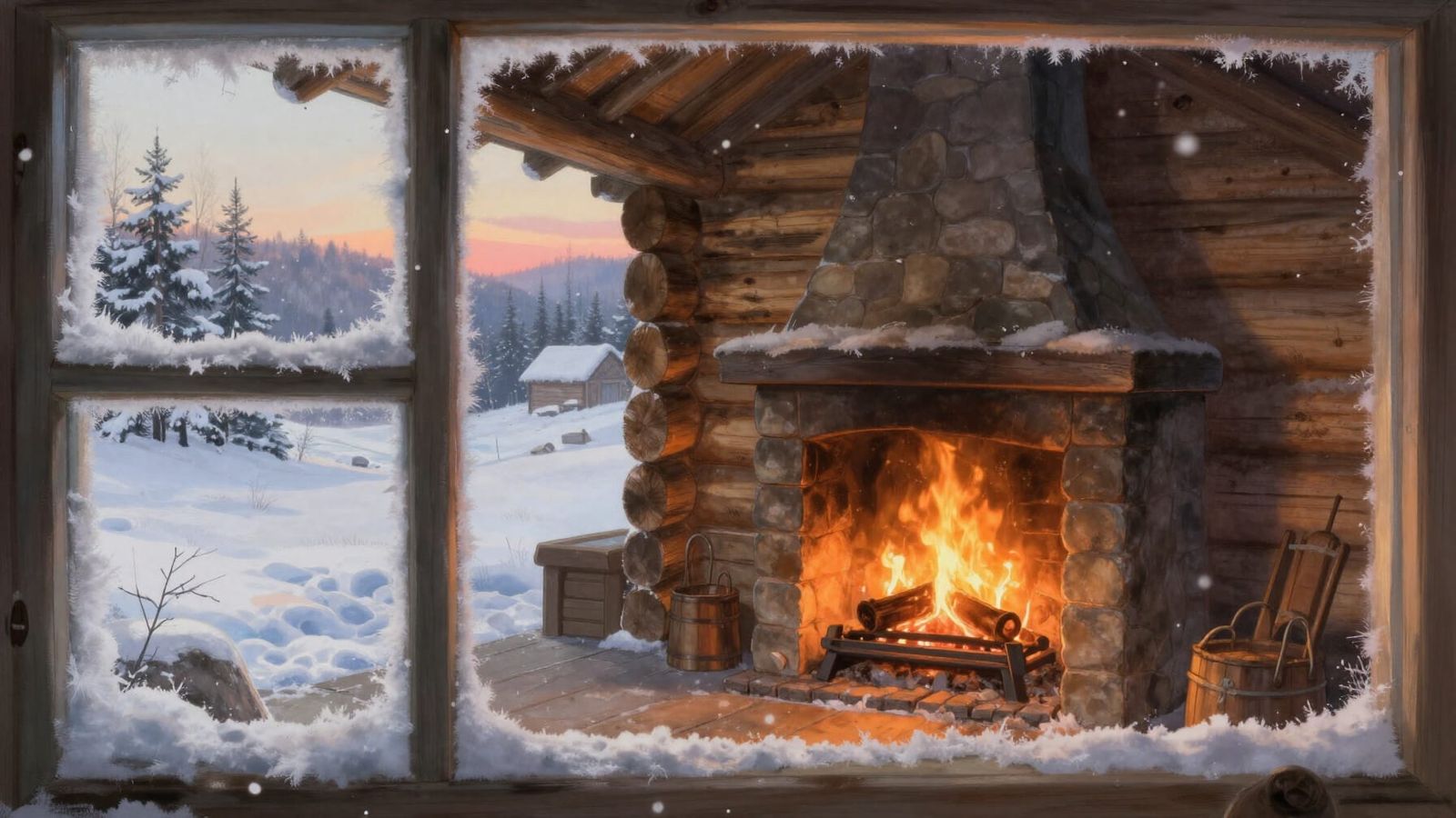 Cozy Cabin Fireplace in Golden Hour Snow