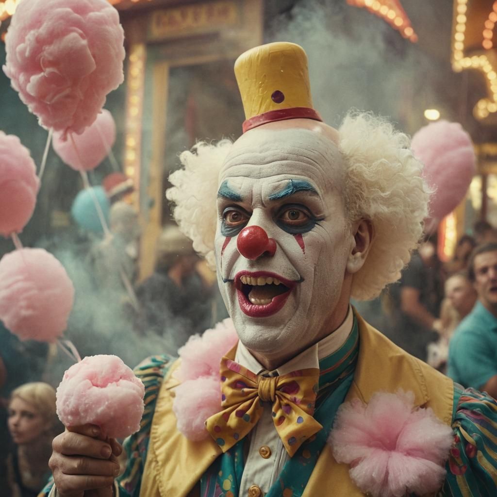 Vintage Clown at Carnival Eating Cotton Candy