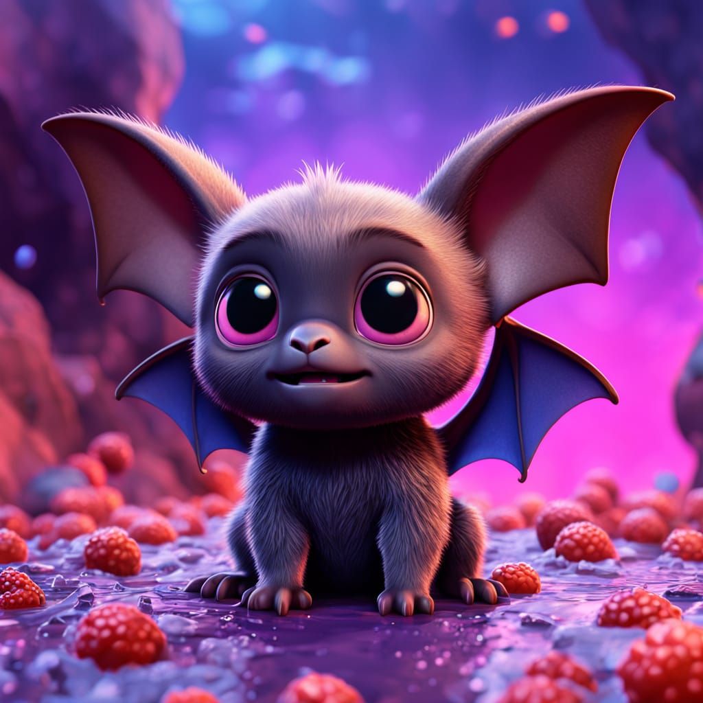 Whimsical Pink Fruit Bat Amidst a Berries Hoard in a Vibrant...