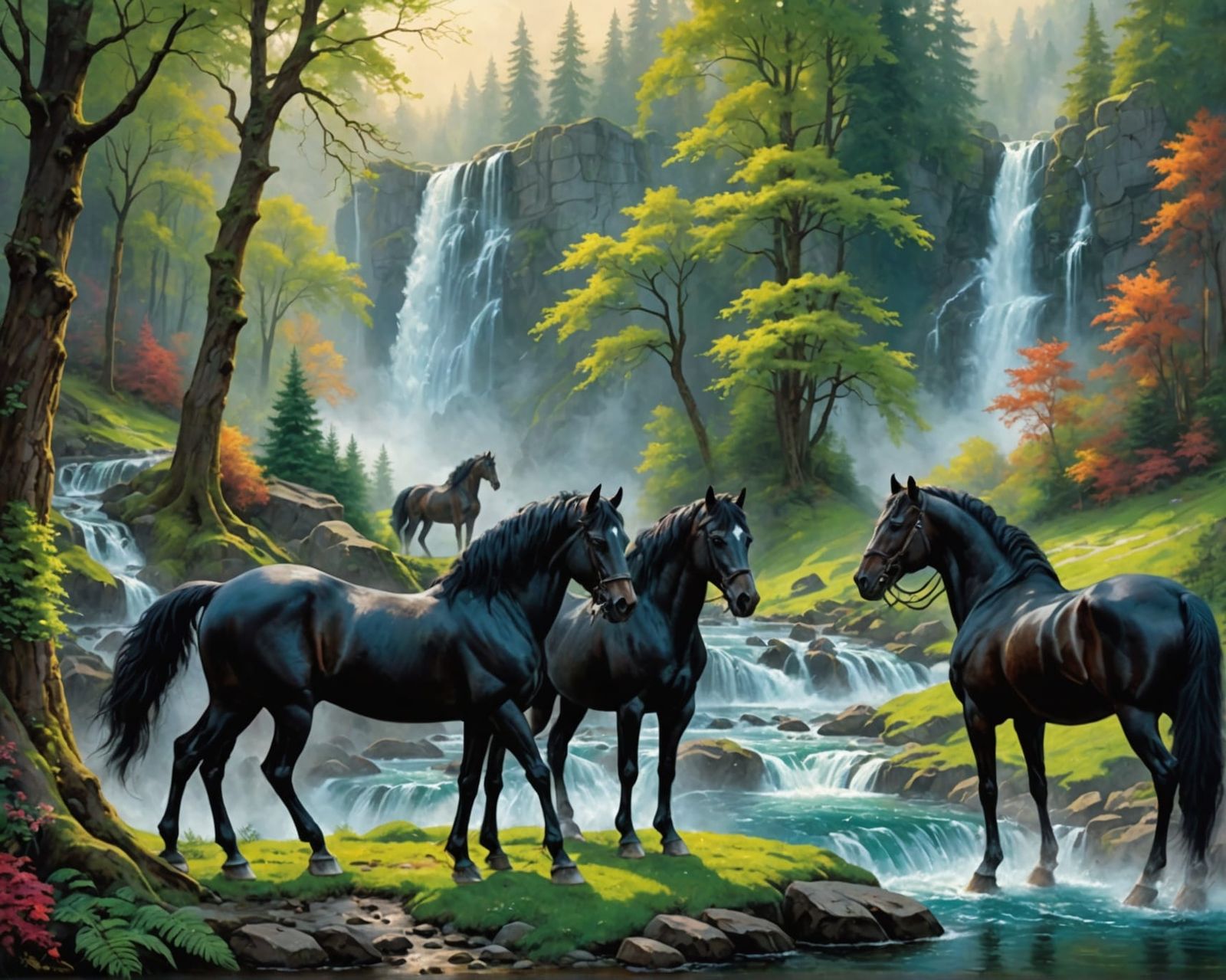 Mystical Black Horses in Ethereal Forest Oil Painting