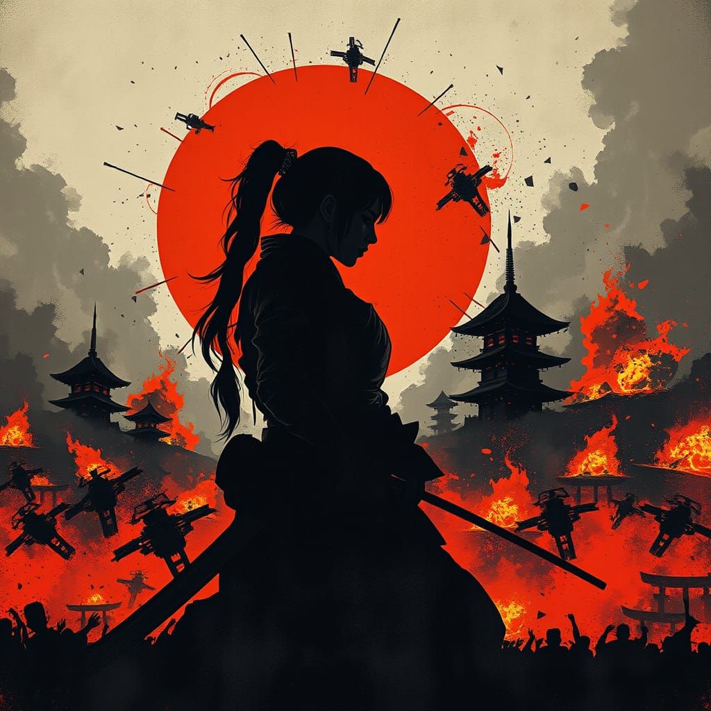silhouettes goddess in chaotic wartime