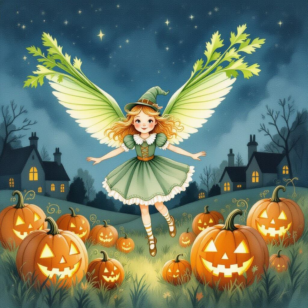 Whimsical Harpy Girl with Celery Wings Over Glowing Pumpkins