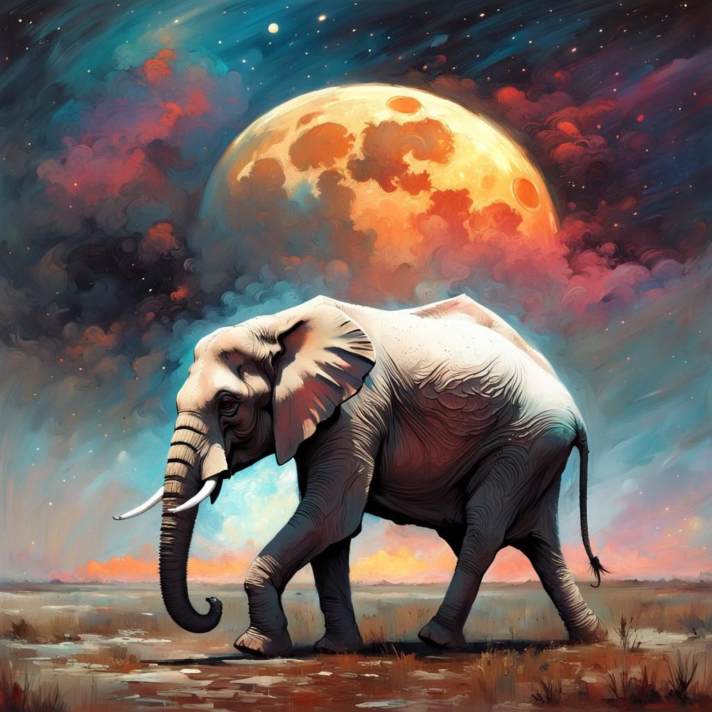 Albino Elephant and Luminous Moon, Fine Art