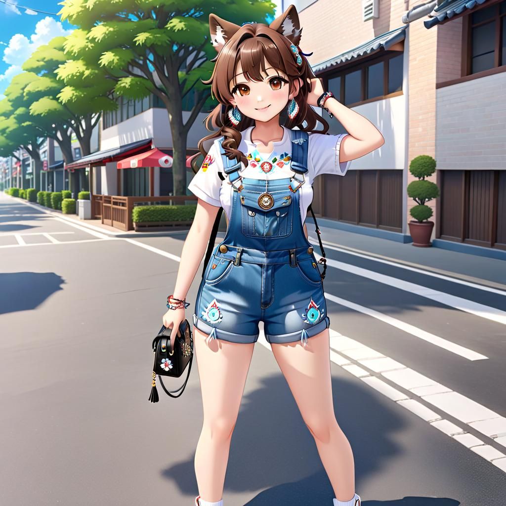 Anime Chibi Girl with Wolf Ears in Overalls