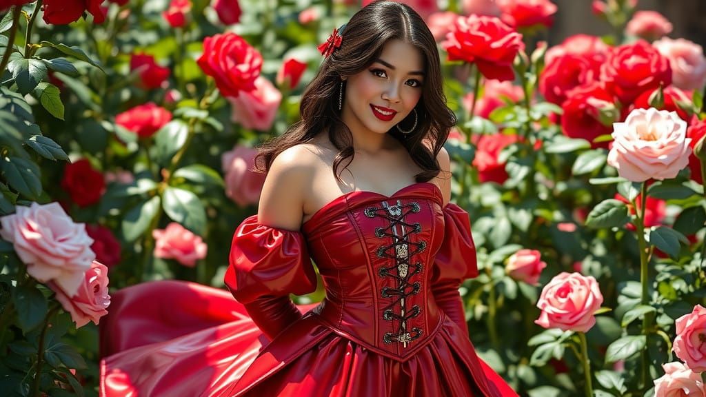 Elegant Woman in Victorian Latex Dress in a Rose Garden