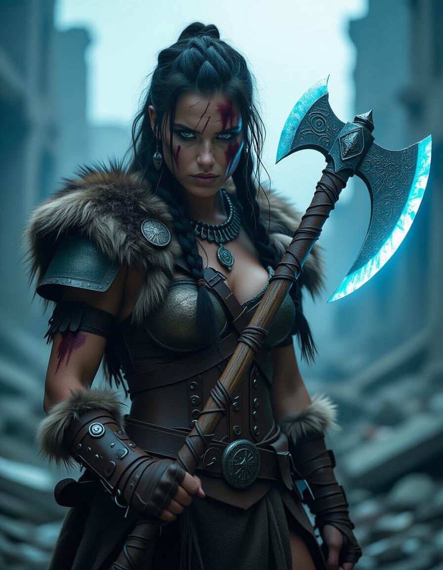 Epic Female Barbarian with Glowing Axe in Ruined City