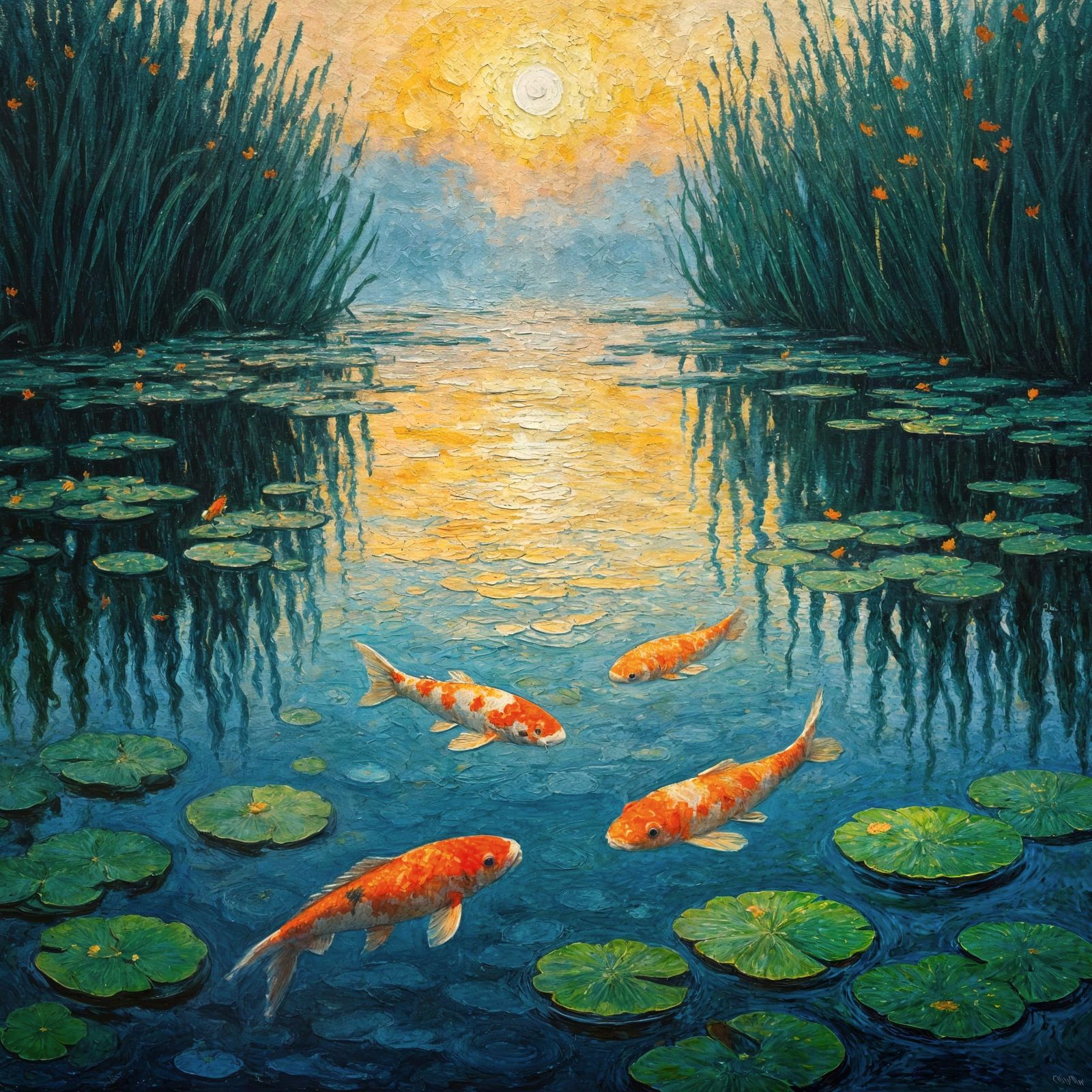 Impasto Koi Pond Sunrise after Monet and Van Gogh
