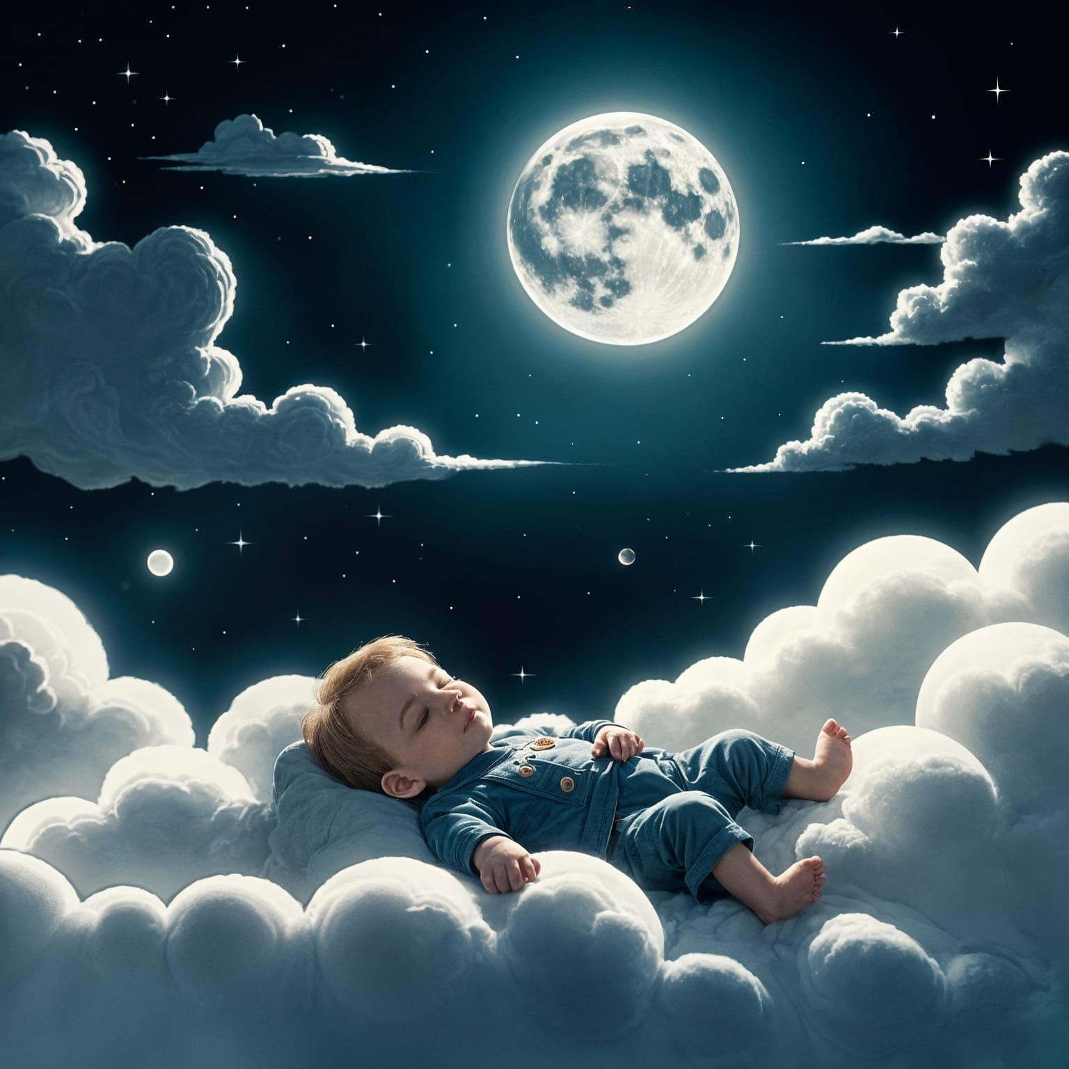Toddler Sleeping on Cloud in Cartoon Style