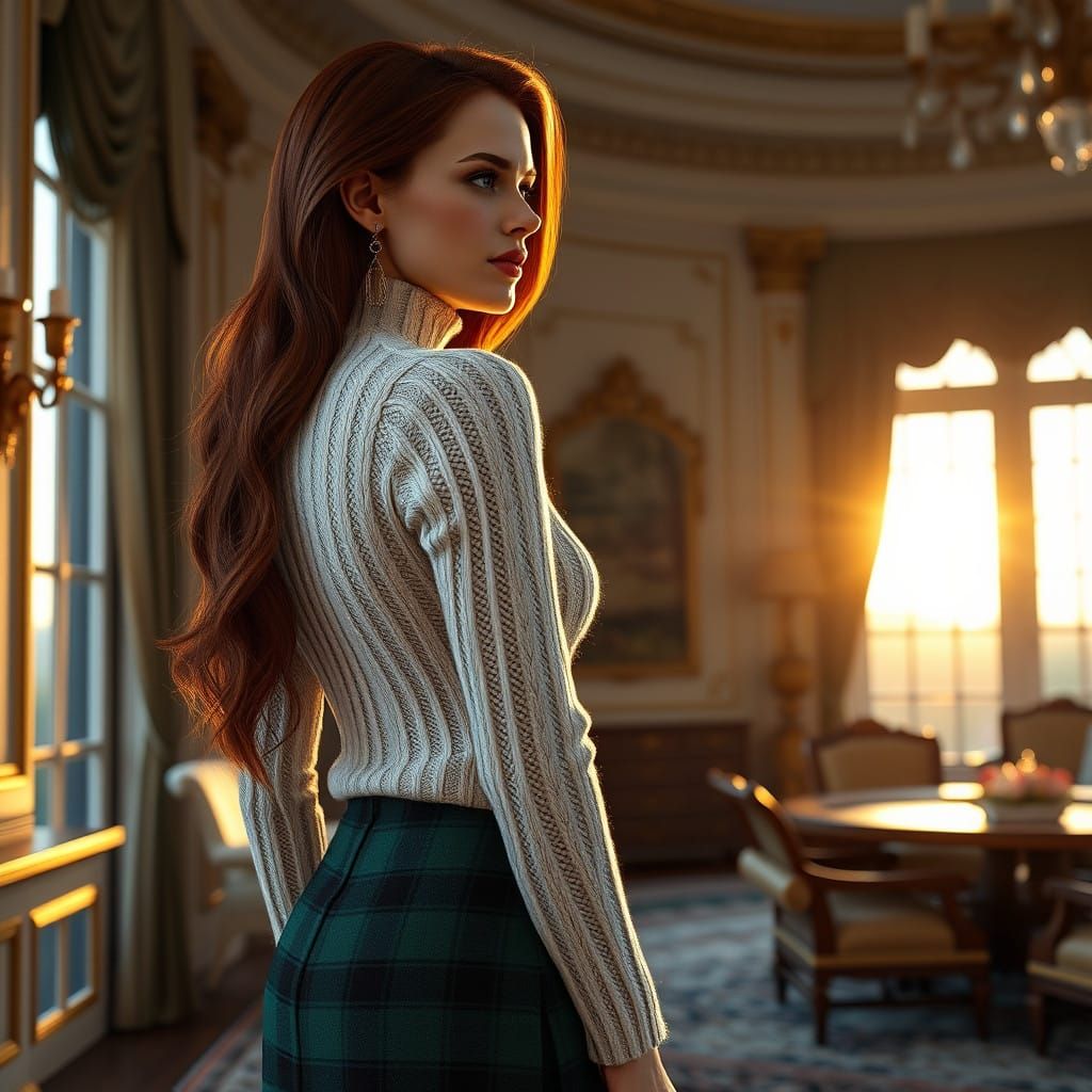 Elegant CEO in Cable-Knit Sweater and Plaid Skirt