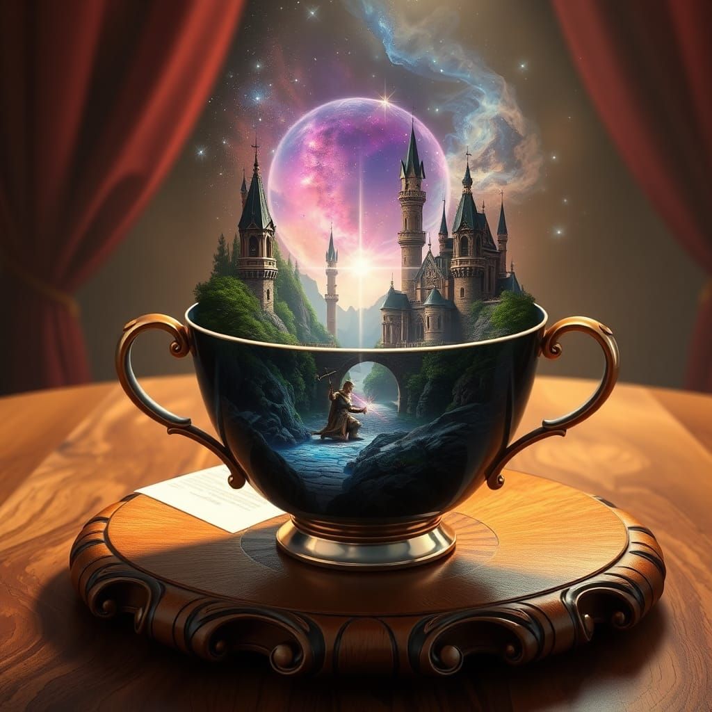 Fantasy Teacup Scene with Kneeling Paladin