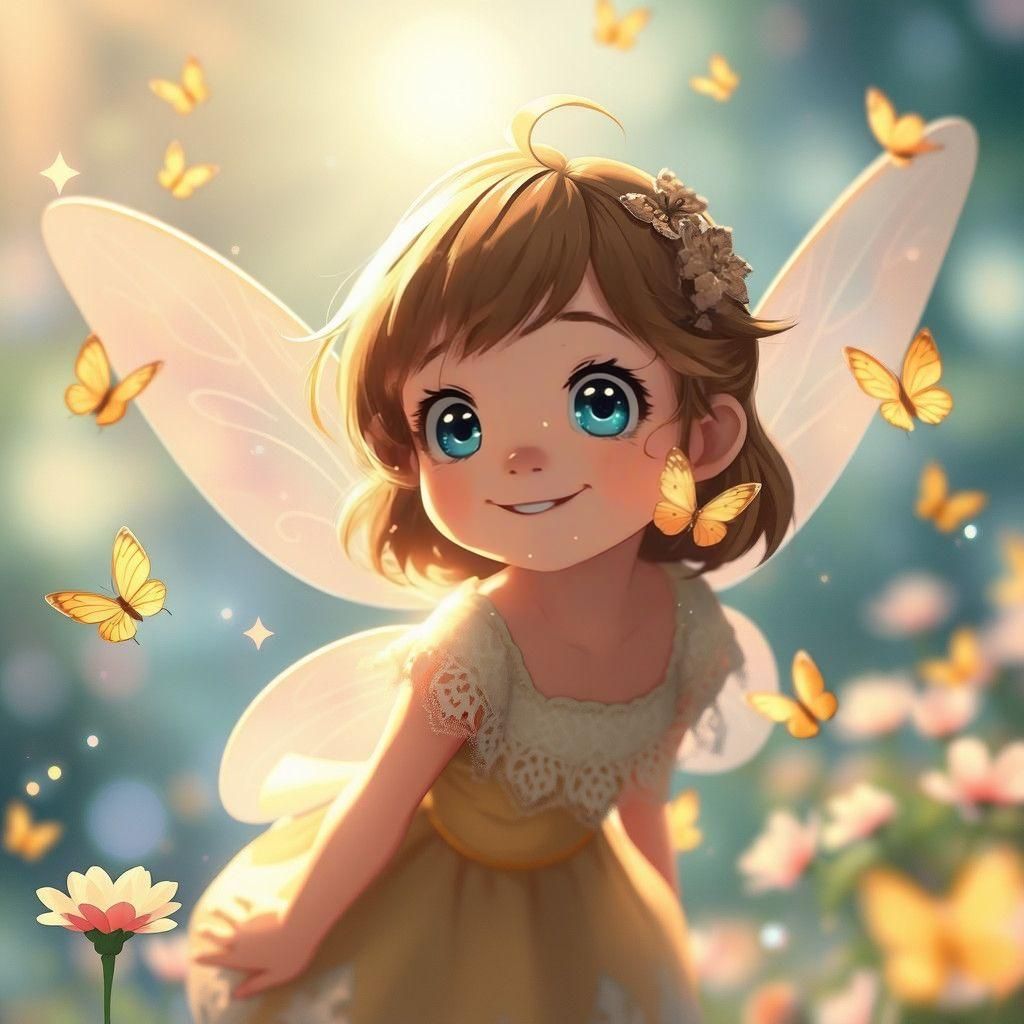 Cute Fairy Girl Flying with Butterflies in Anime Style