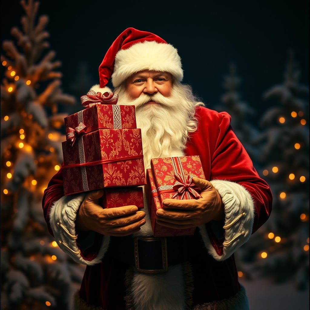 Santa Claus in Luxurious Velvet Suit with Gift Stack