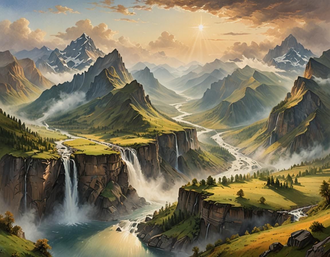 Majestic Landscape Painting with Mountains and Waterfalls