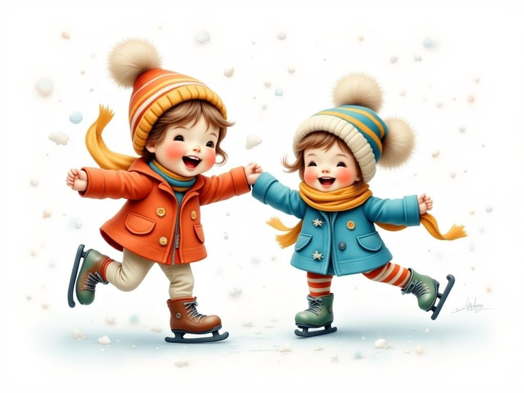 Joyful Children Ice Skating in Winter Wonderland