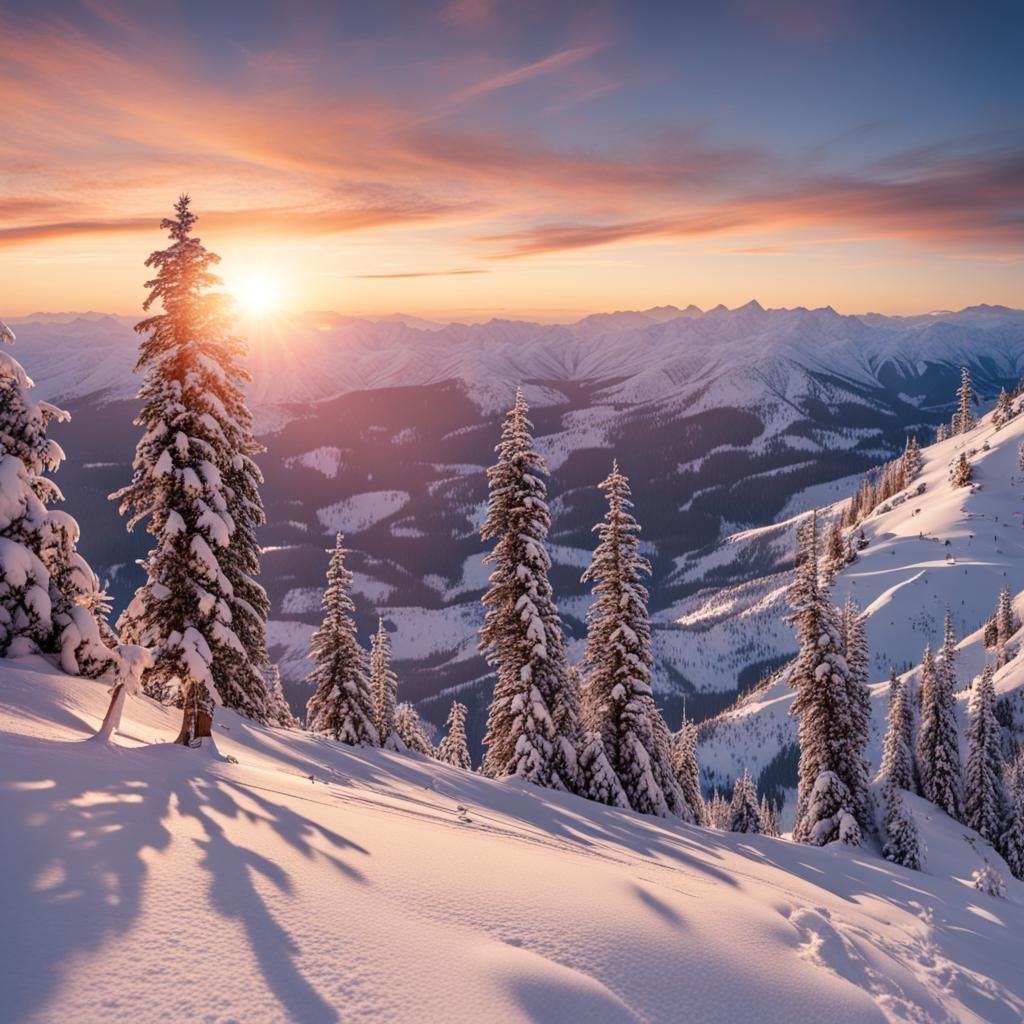 Winter Sports Camaraderie at Sunset in Snowy Mountains