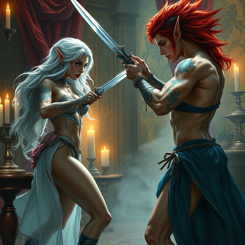 Dark Elf Warrior Duels Forest Elf Enchantress in Opulent Bou...