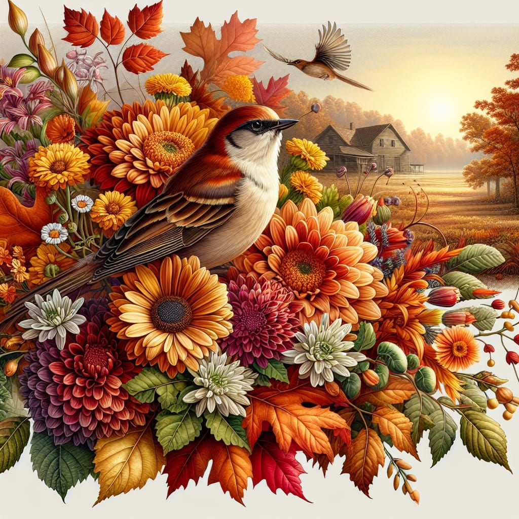 Autumn Bouquet with Bird in Golden Light
