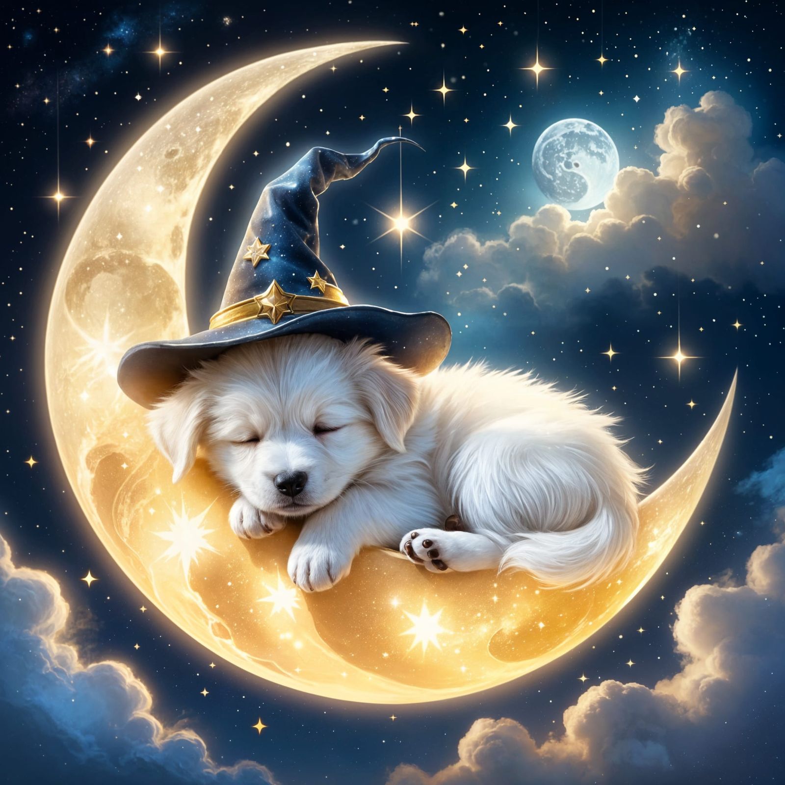 Fluffy Puppy Sleeps on Moon Amidst Stars