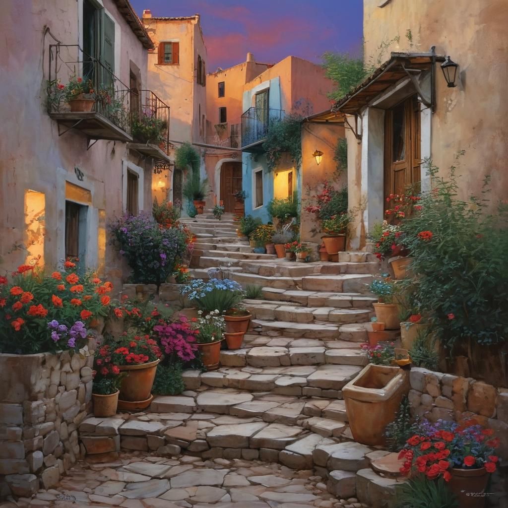 Colorful Crete Alleyway at Twilight: Impressionist Style