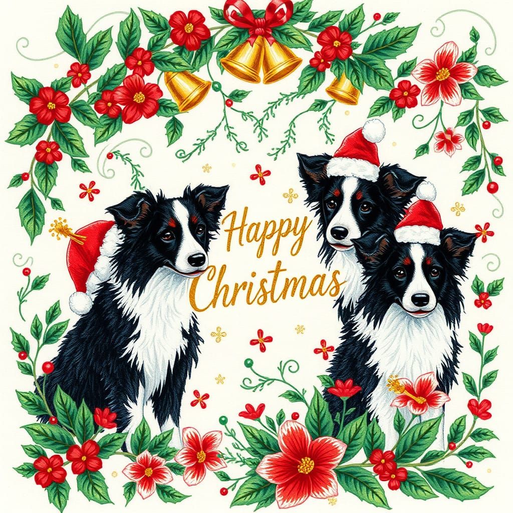Vintage Christmas Scene with Border Collies and Whimsical Em...