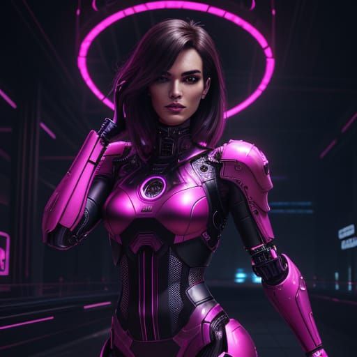 Cybernetic Supermodel in Neon Lit Industrial Setting