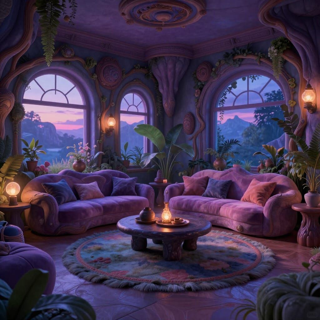 Surreal Twilight Living Room with Nature-Inspired Furniture