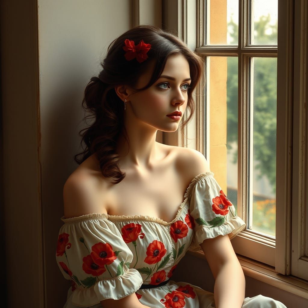 Elegant Woman Lost in Thought by Window in Vintage Style
