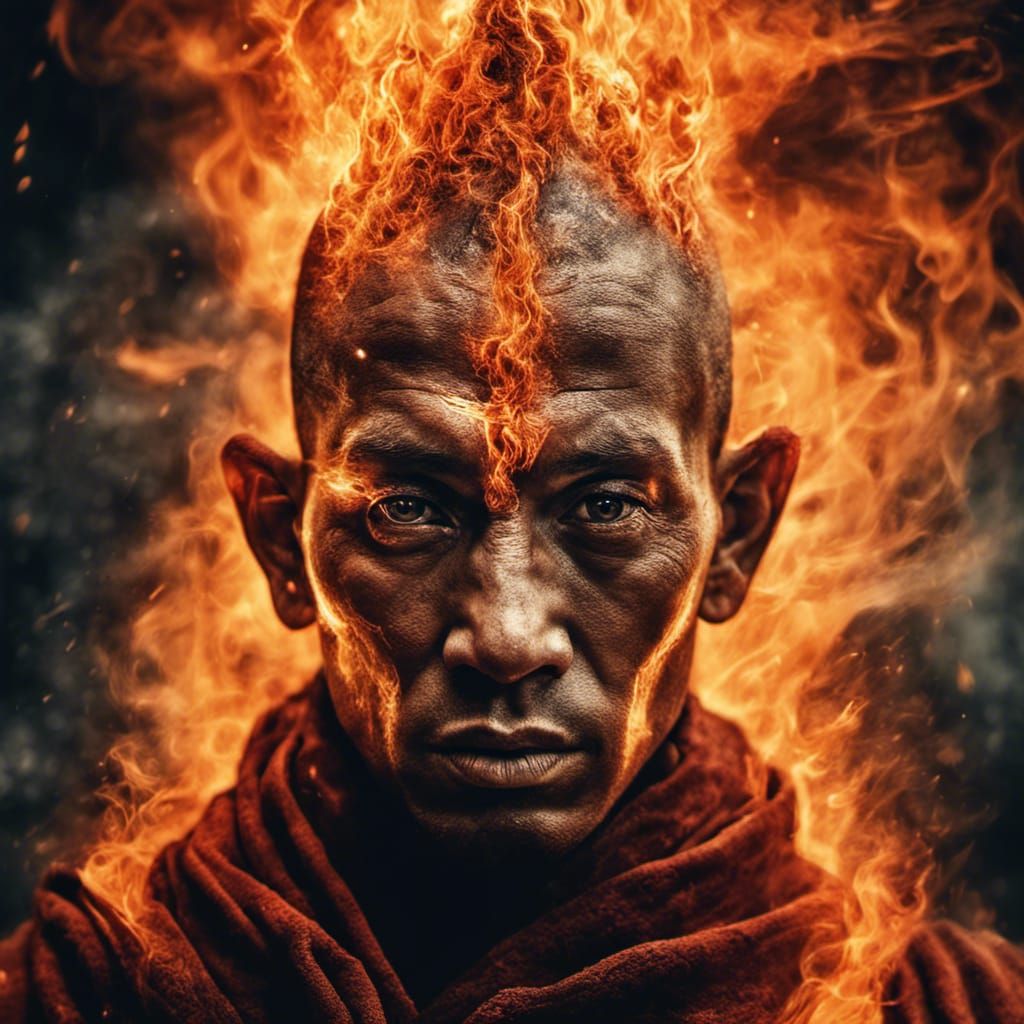 Fiery Monk in Hyperrealistic Style