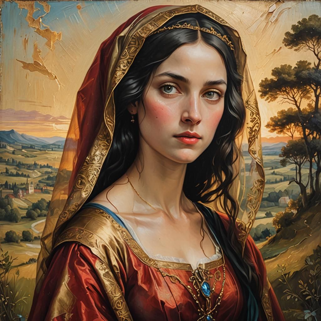 Renaissance Woman in Red and Gold Dress as Oil Painting