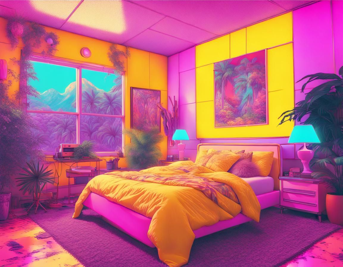 Pastel Vaporwave Bedroom in 1970s Psychedelic Style