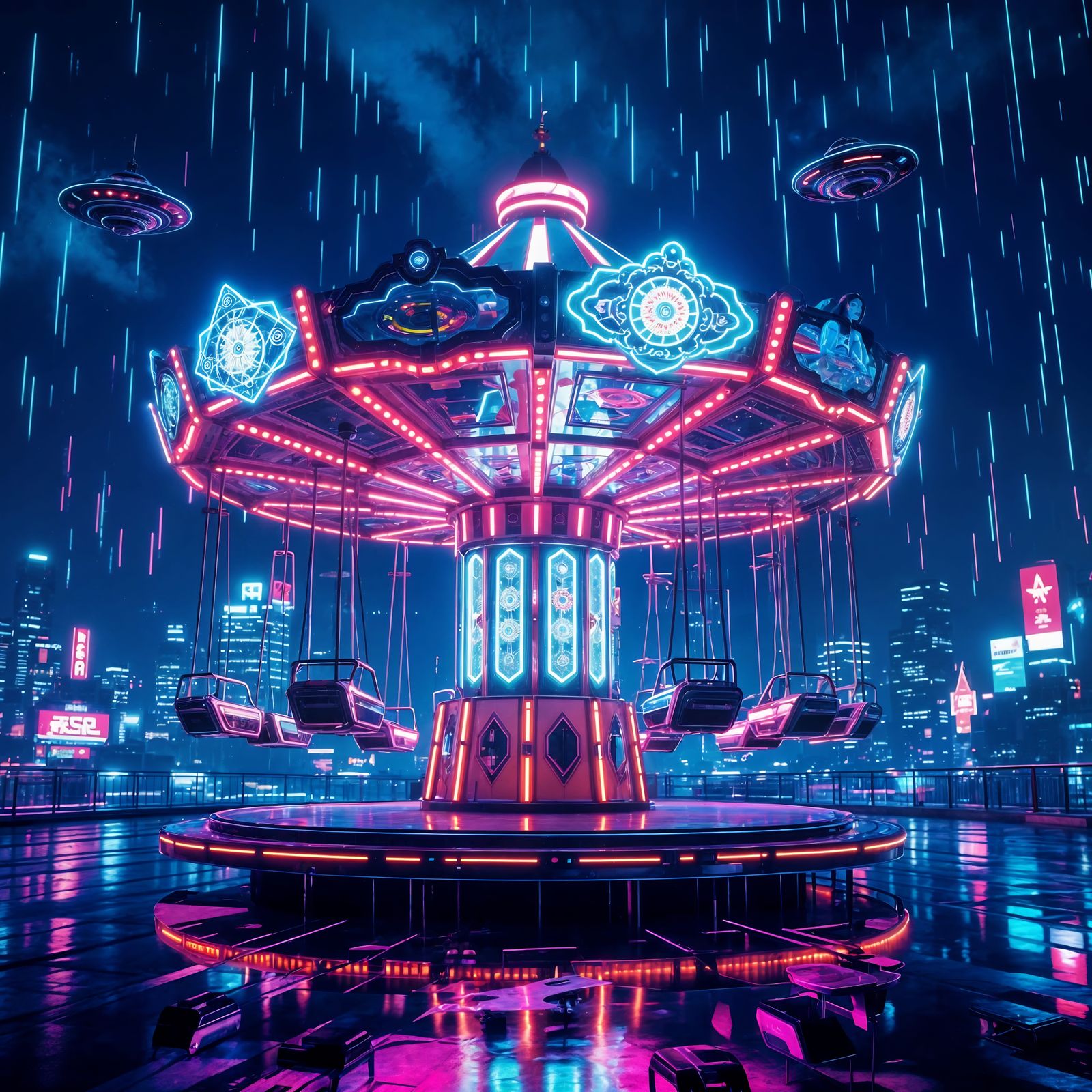 Cyberpunk Carousel in Neon Paramaribo Cityscape