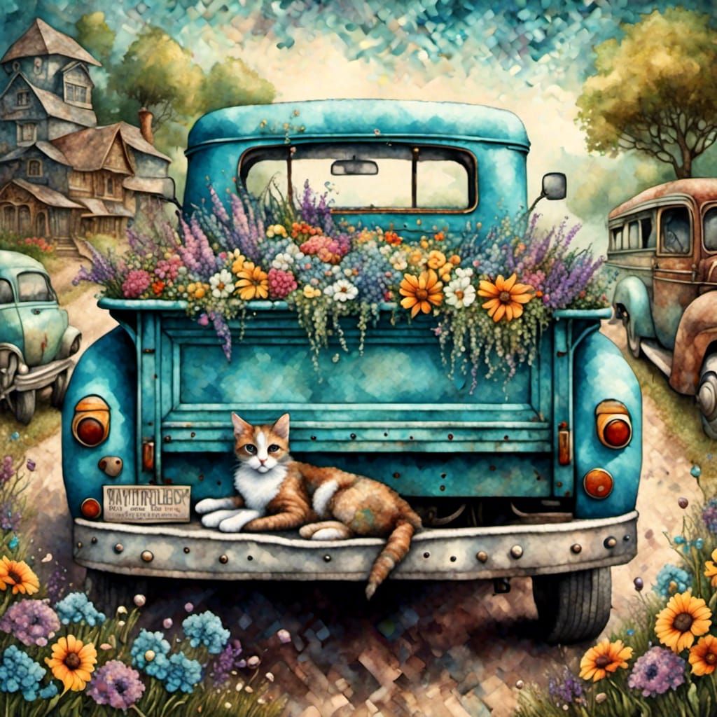 Vintage Aqua Truck with Flowers and Kittens