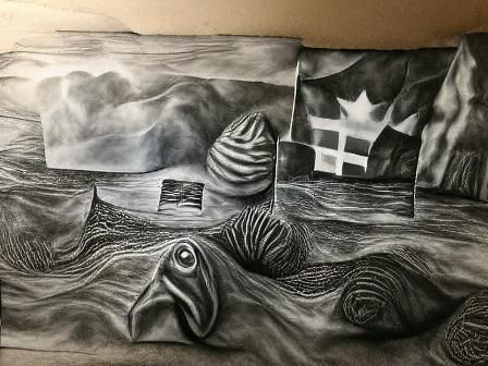 Dramatic Charcoal Drawing of Land Meets Sea