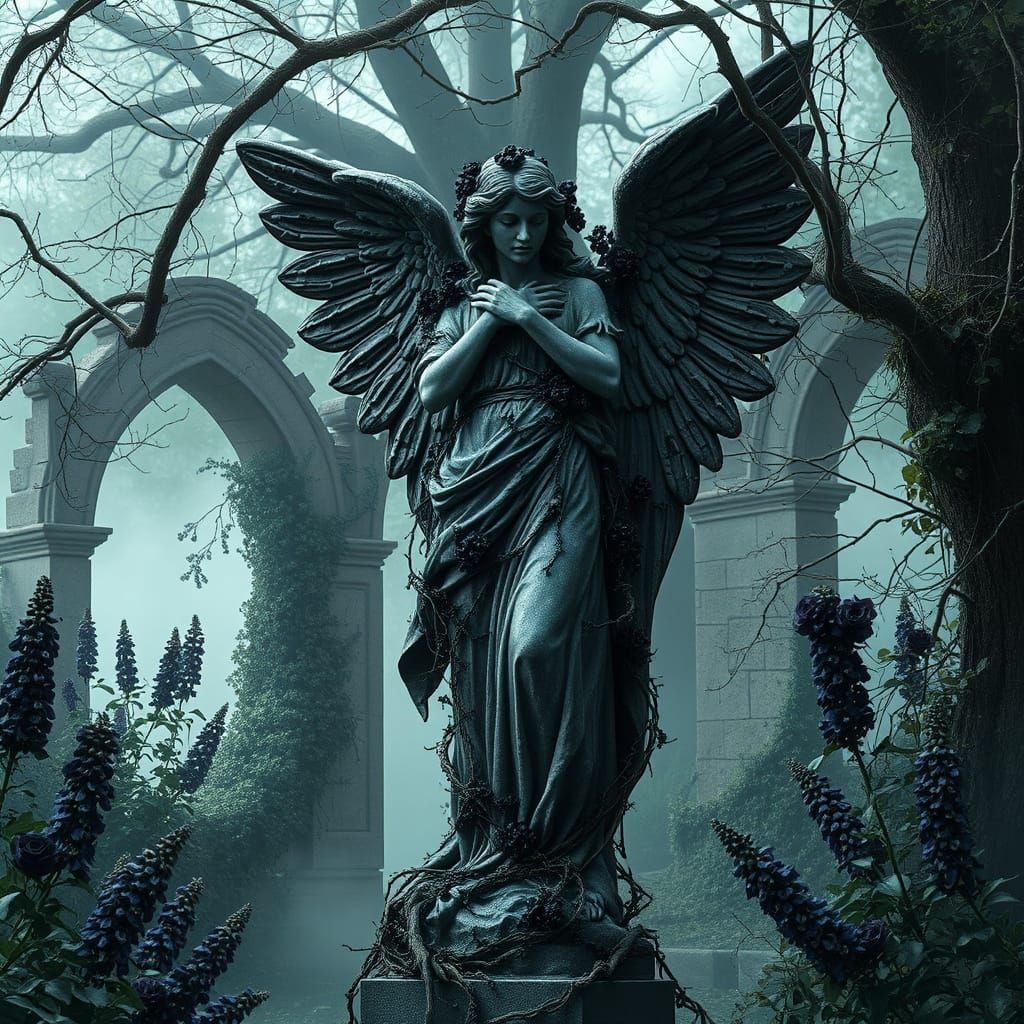 Black Marble Angel in Thorny Gothic Garden
