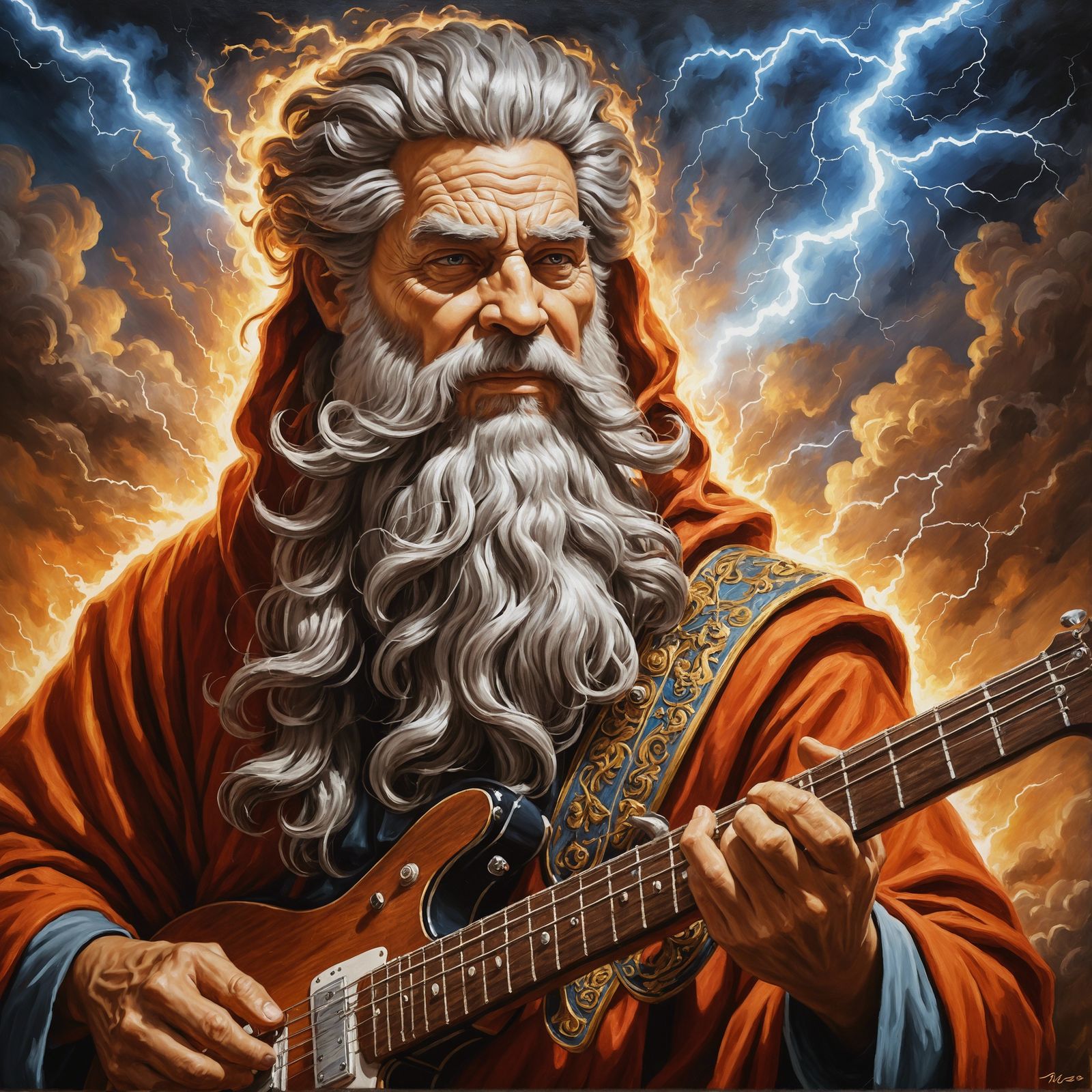 Warrior Monk Plays Electric Guitar: Oil Painting