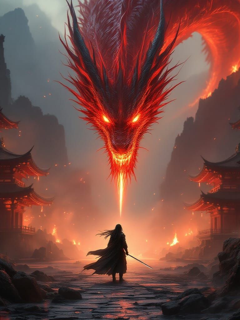 Samurai Faces Colossal Dragon in Misty Temple