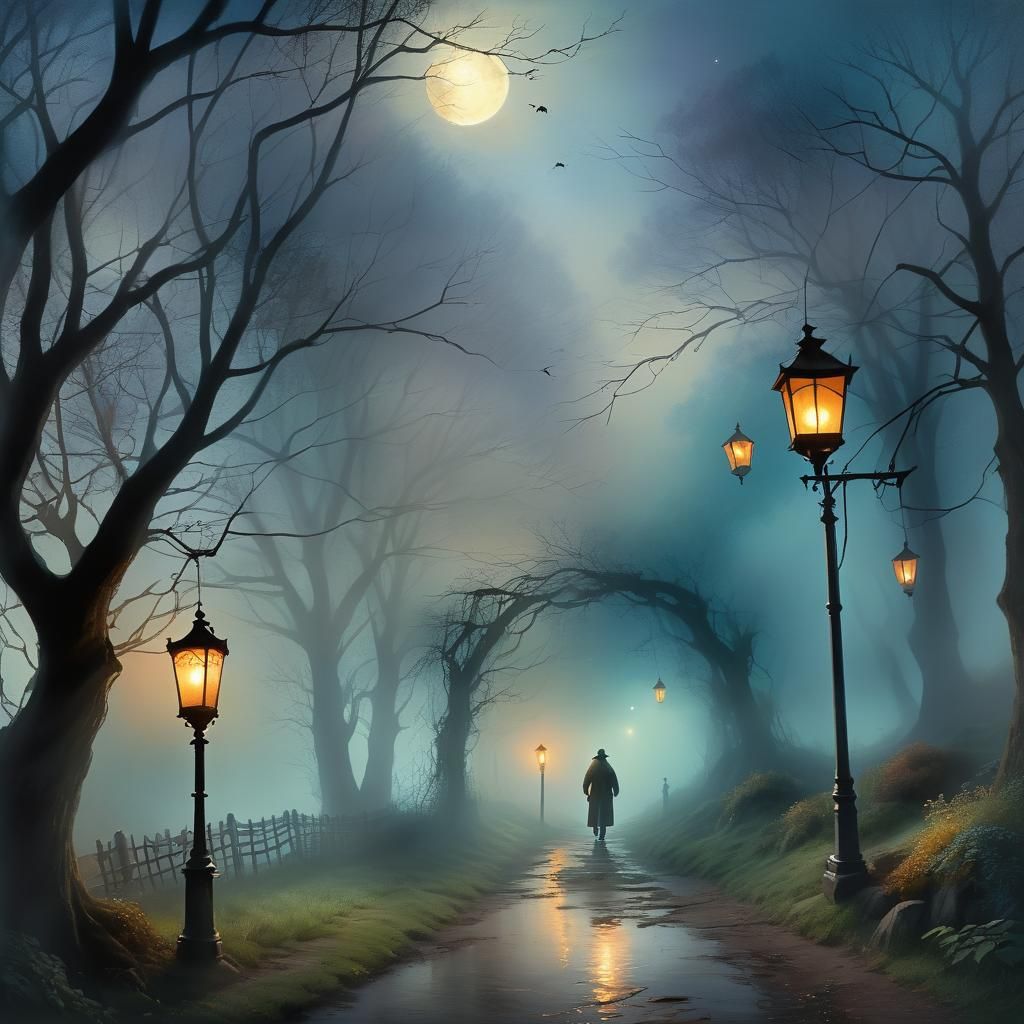 Misty Twilight Path with Lantern, Art Nouveau Style