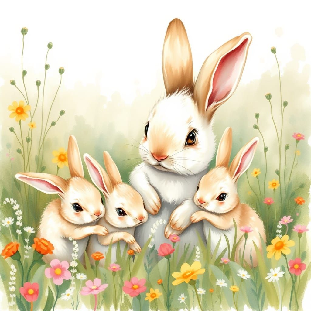 Lop-Eared Rabbit and Babies in Whimsical Meadow