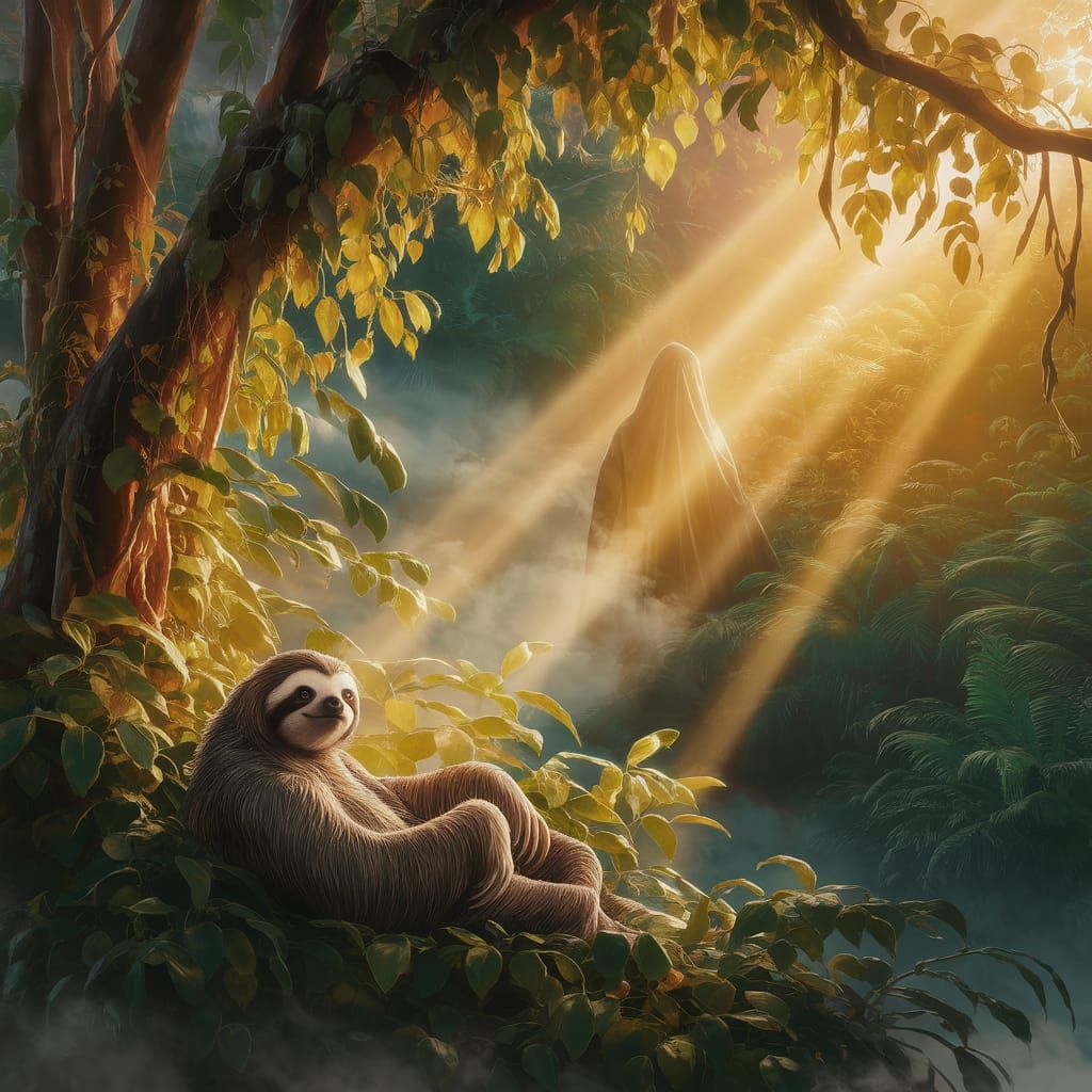 Ethereal Sloth in Golden Hour Forest Mist