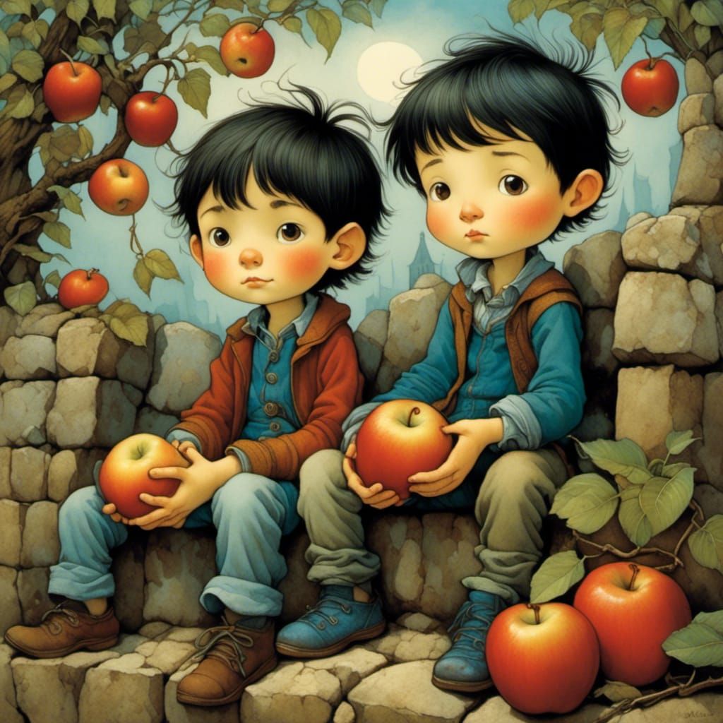 Charming Boys Feast on Apples Amidst Ancient Ruins